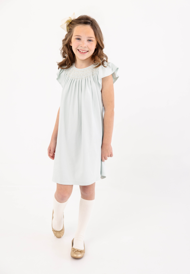 Angel Sleeve Sandy Smocked Dress- Old Greenwich Green