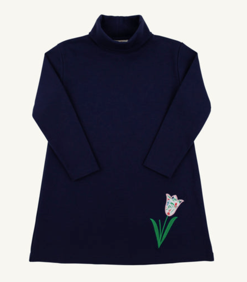 Tatum's Turtleneck Dress- Nantucket Navy with Fair Street Floral Tulip Applique