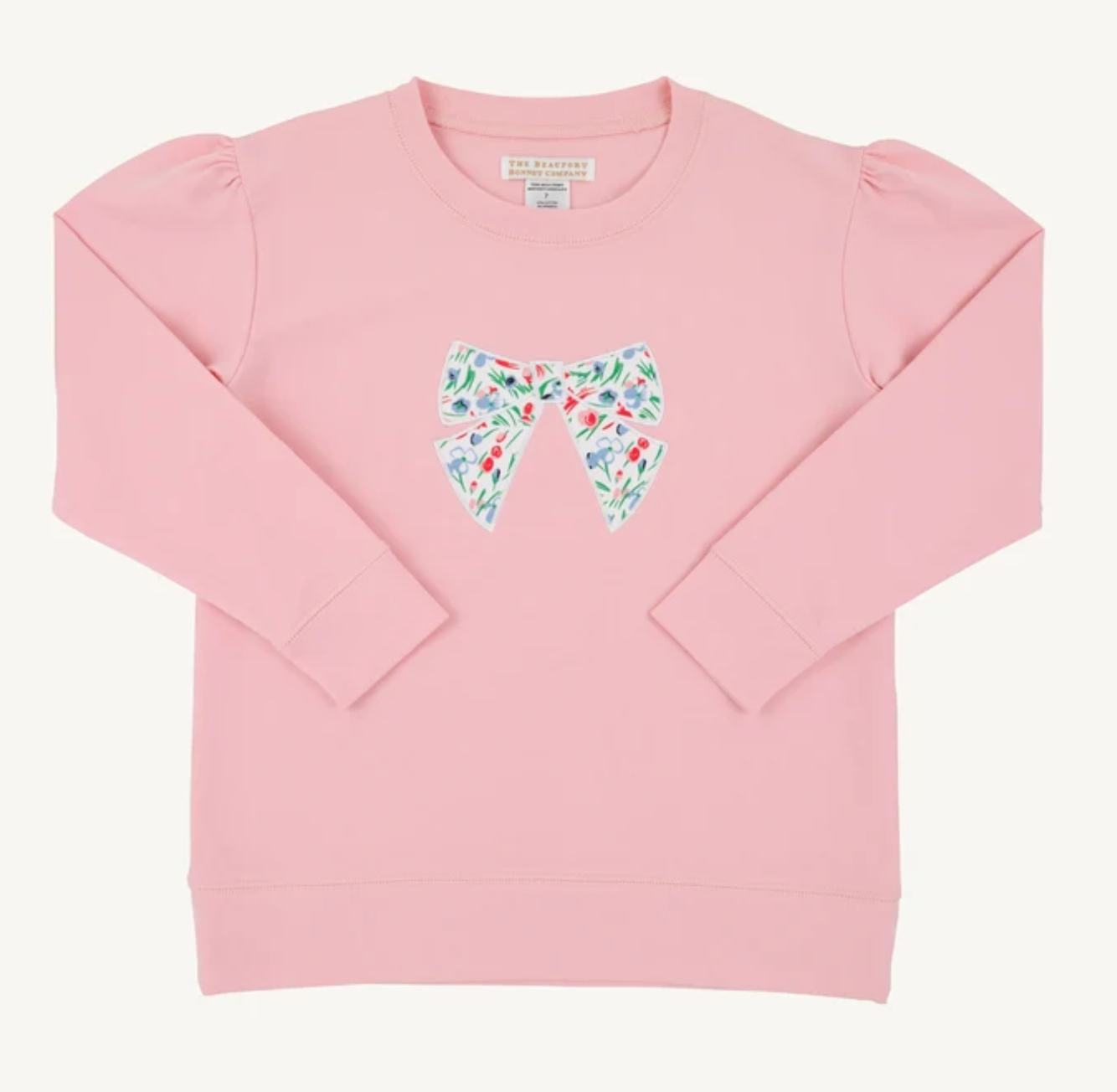 Puff Sleeve Cassidy Comfy Crewneck- Sandpearl Pink with Fair Street Floral Bow