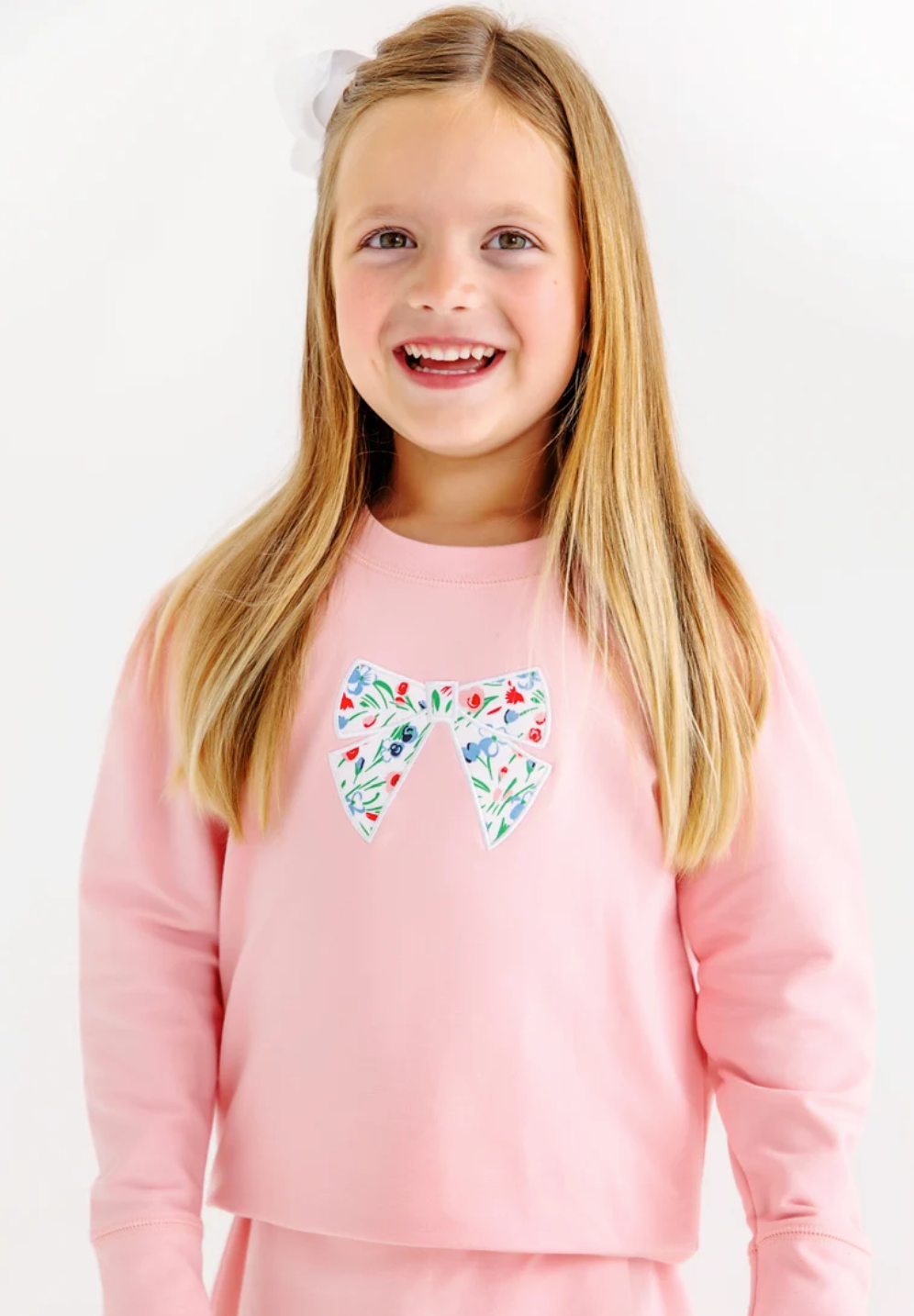 Puff Sleeve Cassidy Comfy Crewneck- Sandpearl Pink with Fair Street Floral Bow
