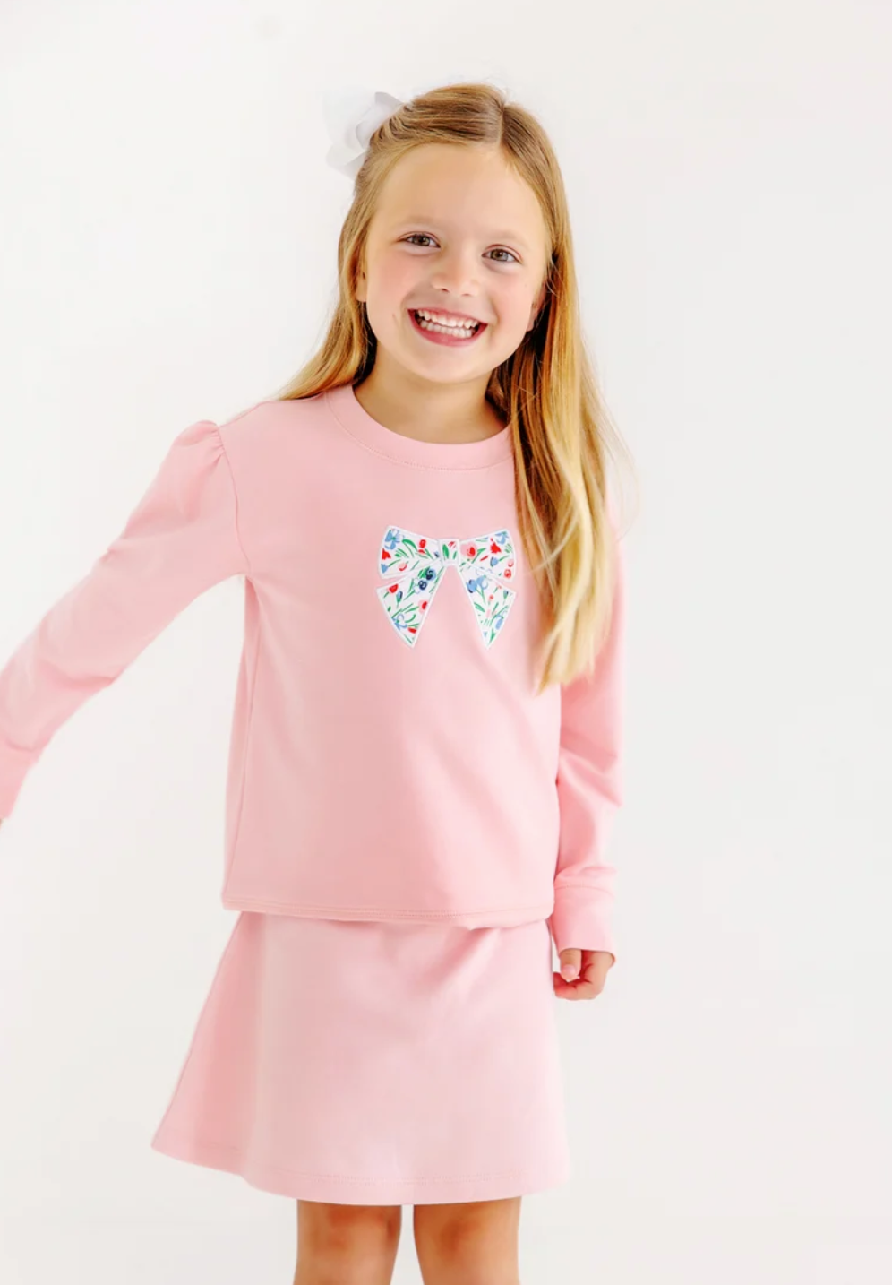 Puff Sleeve Cassidy Comfy Crewneck- Sandpearl Pink with Fair Street Floral Bow