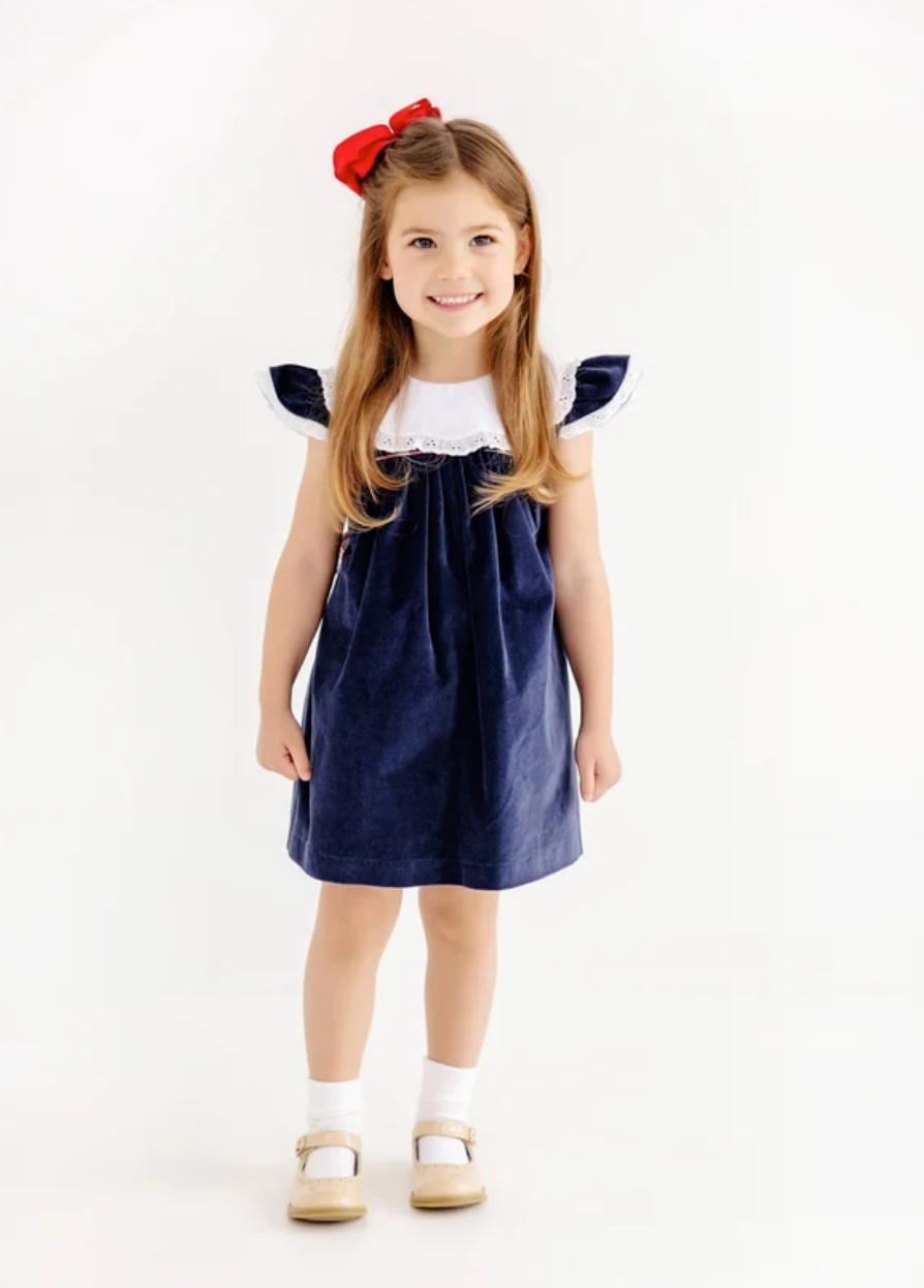 Franny Frock- Nantucket Navy Velveteen with Covington Cottage Plaid