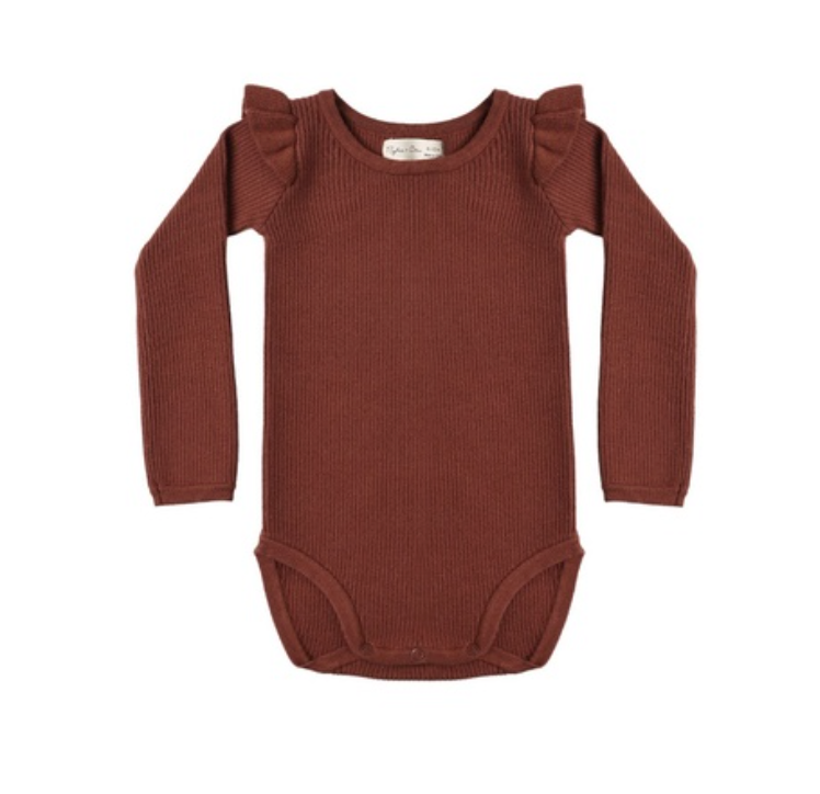 Shoulder Ruffle Bodysuit- Brick