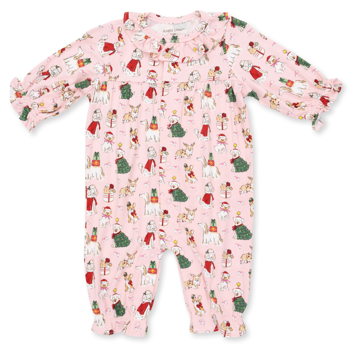 Christmas Dogs Pink - Long Sleeve Ruffle Collar Romper