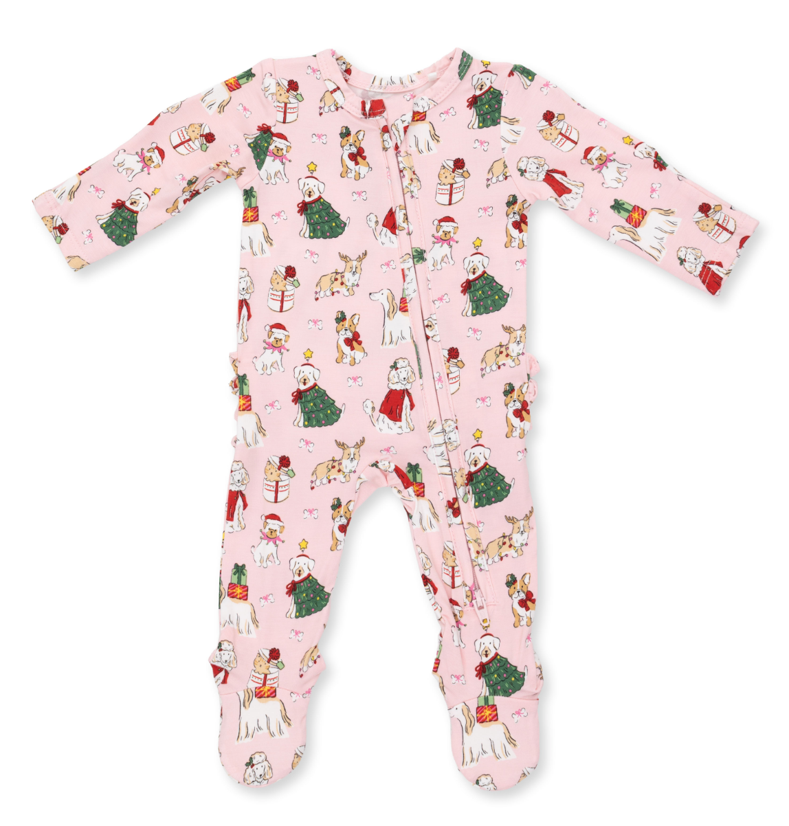 Christmas Dogs Pink - 2 Way Ruffle Back Zipper Footie