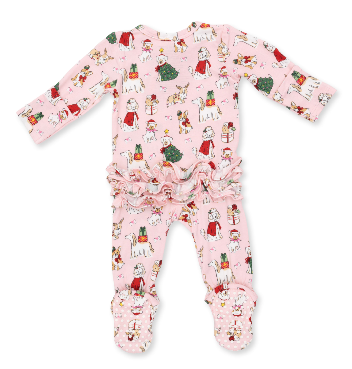 Christmas Dogs Pink - 2 Way Ruffle Back Zipper Footie