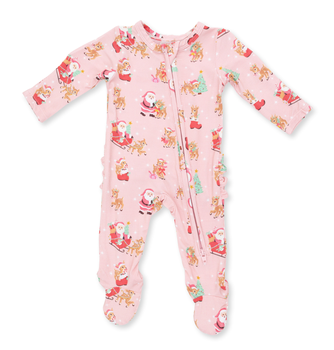 Vintage Reindeer & Santa Pink - 2 Way Ruffle Back Zipper Footie