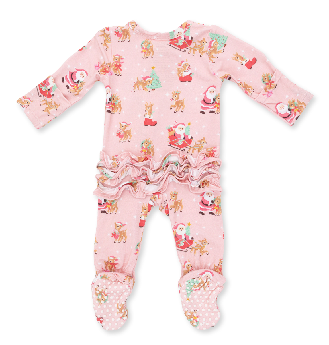 Vintage Reindeer & Santa Pink - 2 Way Ruffle Back Zipper Footie