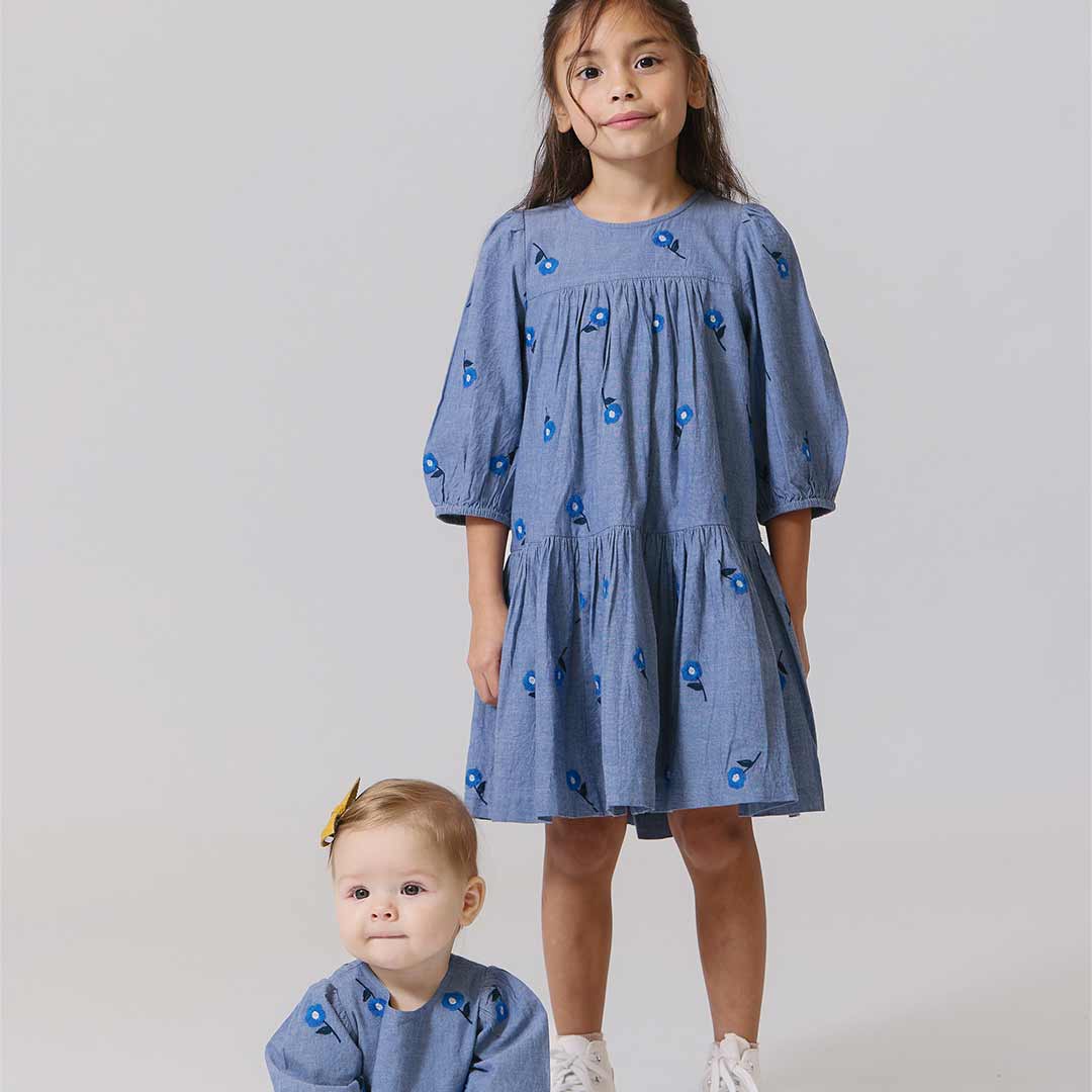 girls fiona dress- blue blossom embroidery