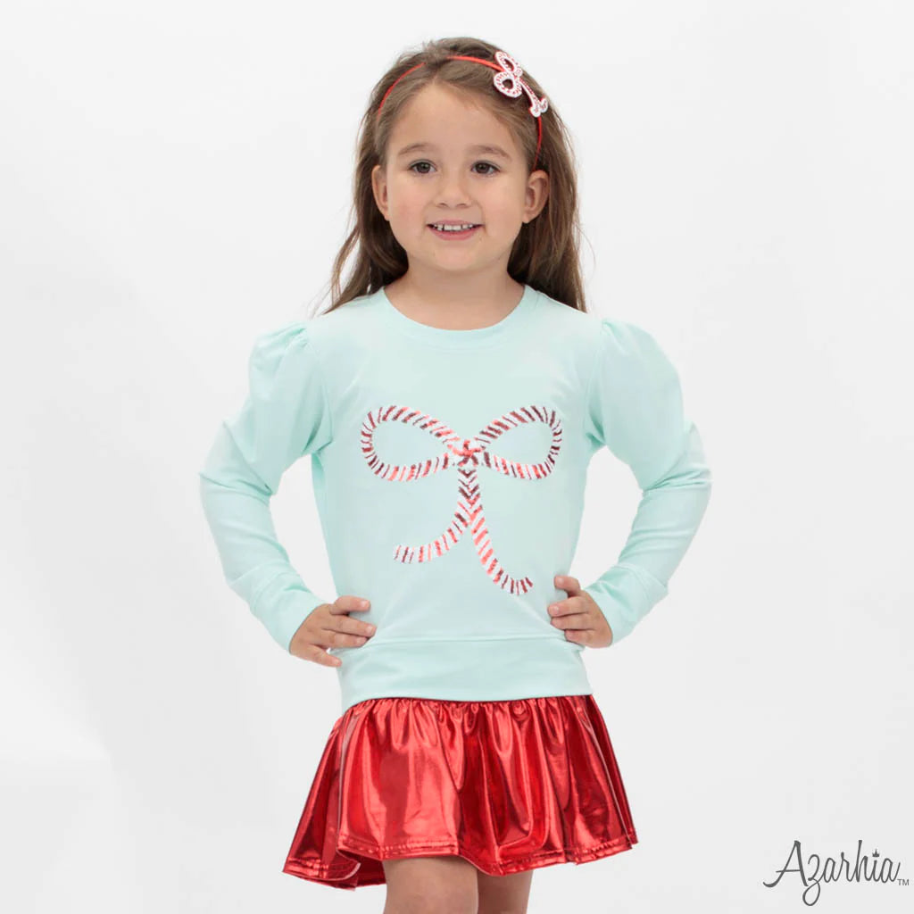 Mint Holly Sweatshirt- Candy Cane Bow Sequin