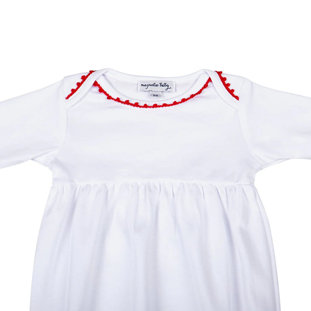Baby Joy Gathered Gown with Red Crochet Trim