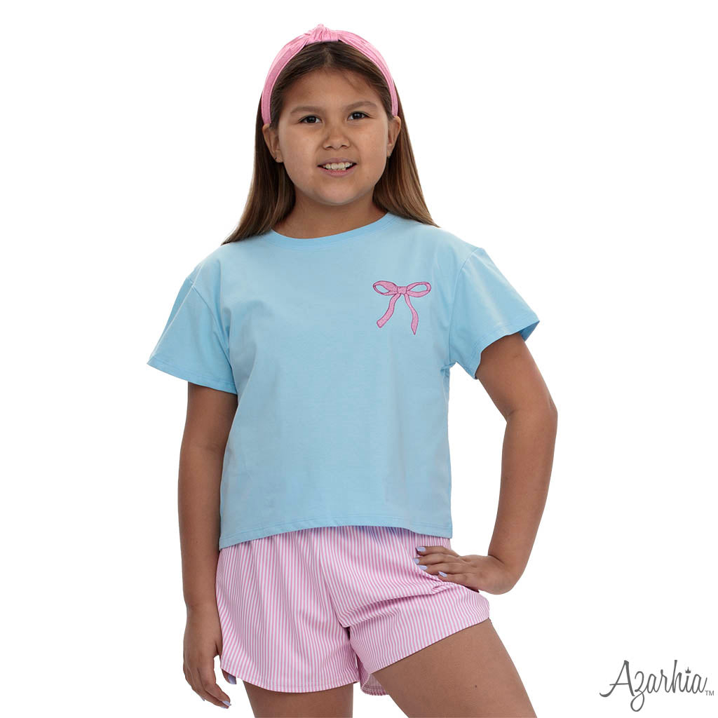 Pink Glitter Bow Blue Boxy Tee