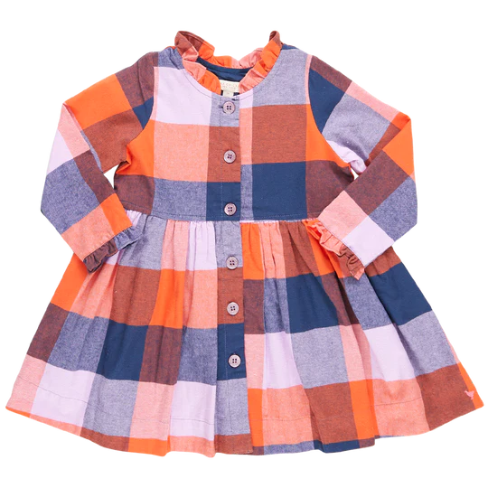 Girls Autumn Dress - Navy Orange Check