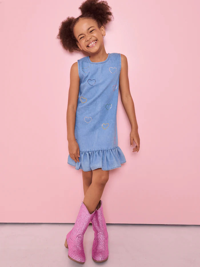 Crystal Rainbow Heart Denim Dress