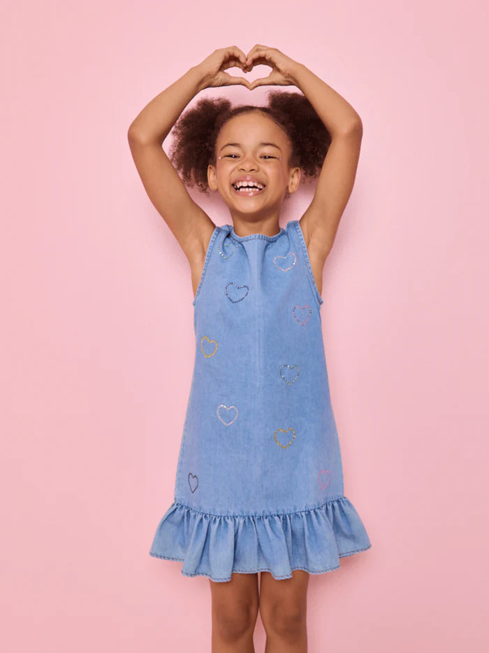 Crystal Rainbow Heart Denim Dress
