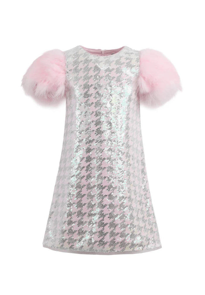 Houndstooth Sequin Feather Party Dress