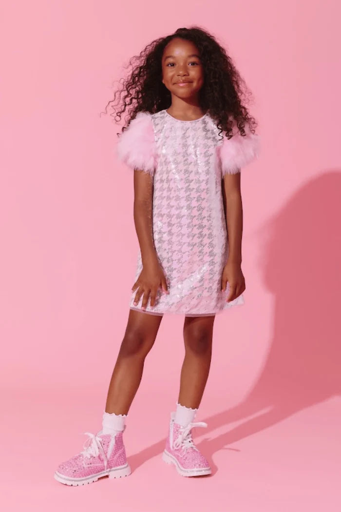 Houndstooth Sequin Feather Party Dress