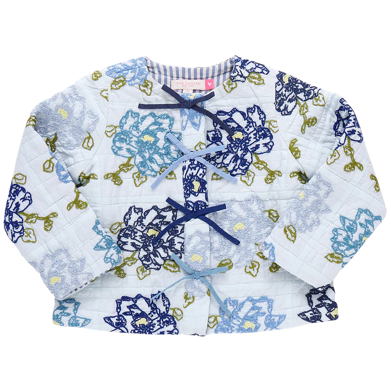 Girls Quilted Jacket- Blue Flower Embroidery