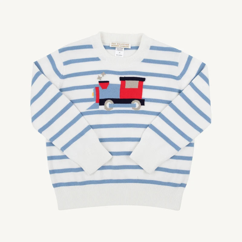 Isaac's Intarsia Sweater- Barrington Blue Stripe Train