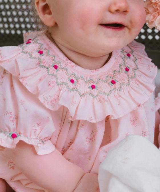 Jasmine Pink Bubble With Large Smocked Collar