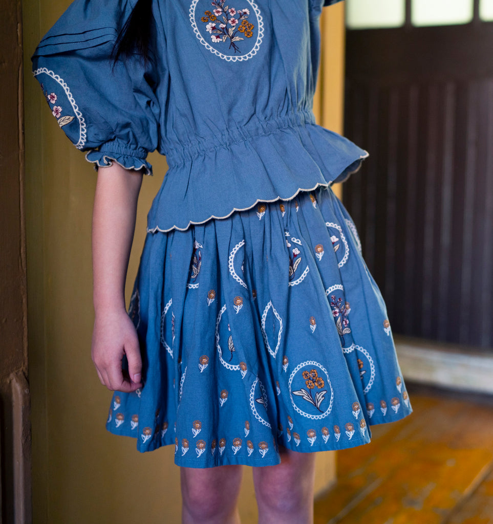 Eleanor Top + Twirly Skirt Set - Blue Embroidery