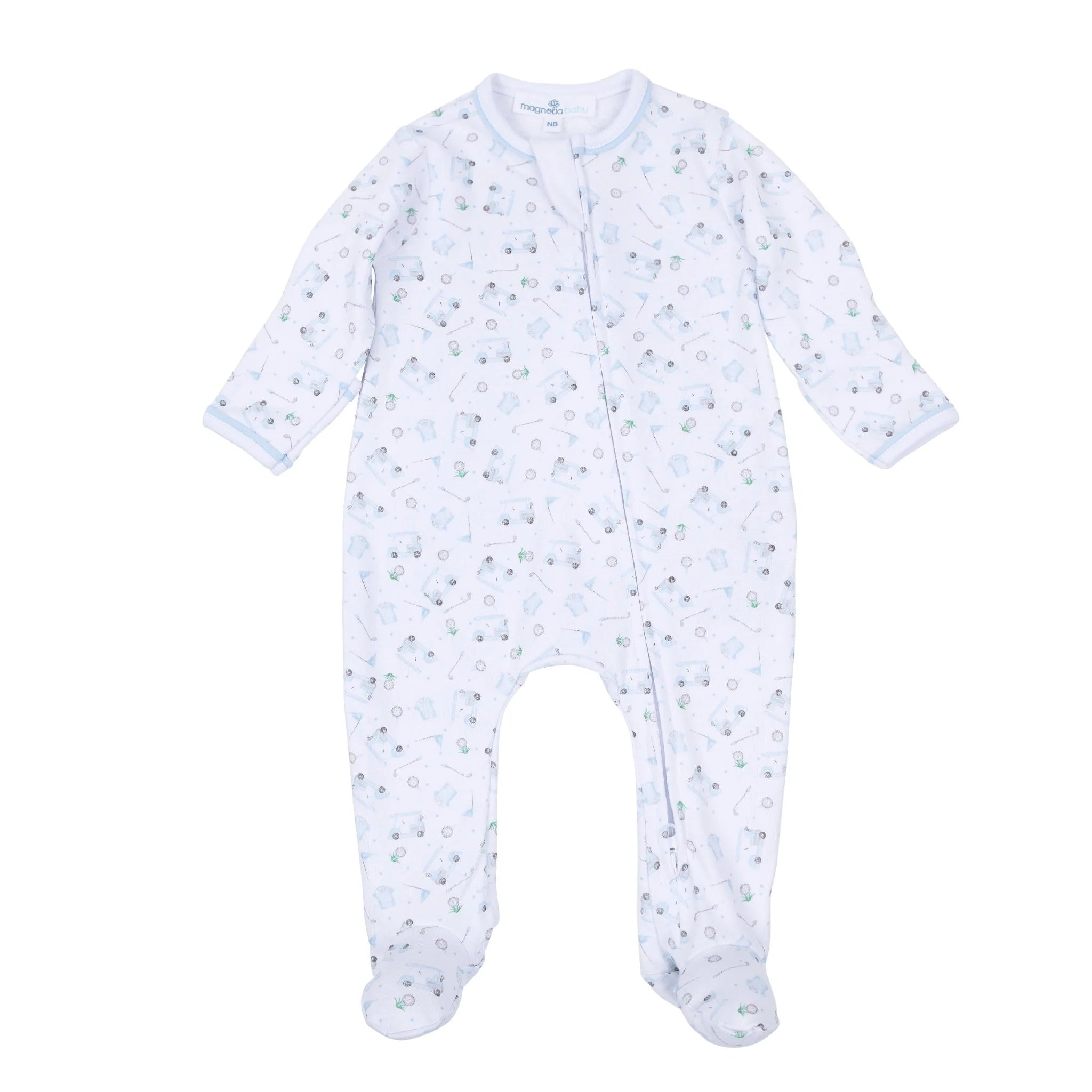 Little Golfer Print Zip Footie - Light Blue