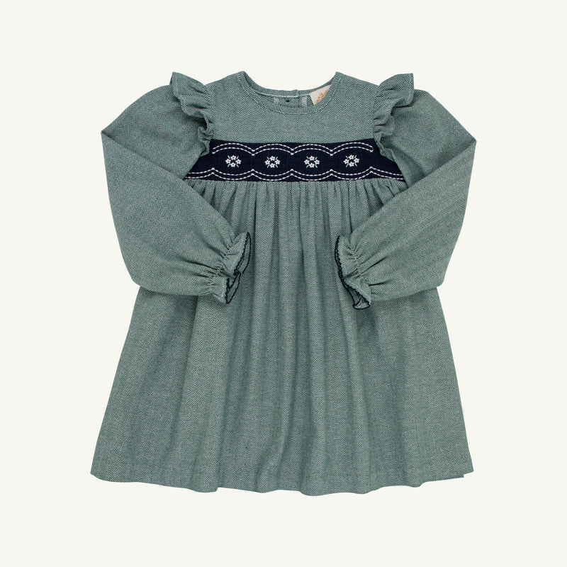 Long Sleeve Daphne Dress- Grier Green Herringbone