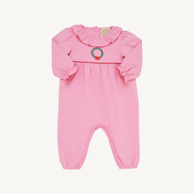 Long Sleeve Ramona Ruffle Romper- Hamptons Hot Pink Wreath Emb