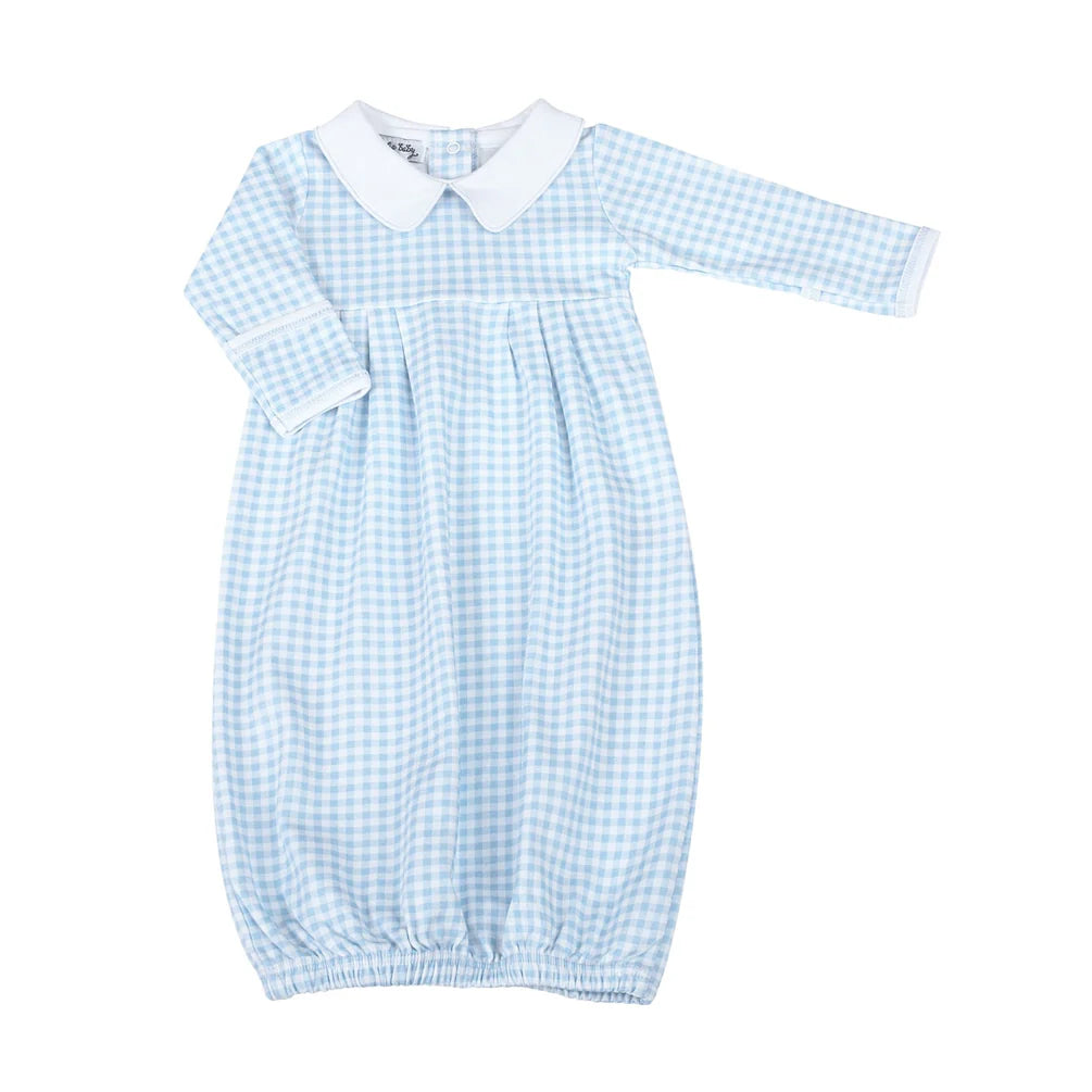 Mini Checks Collared Pleated Gown - Blue