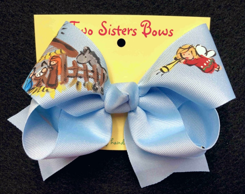 Hand Painted Nativity Angel Blue Bow