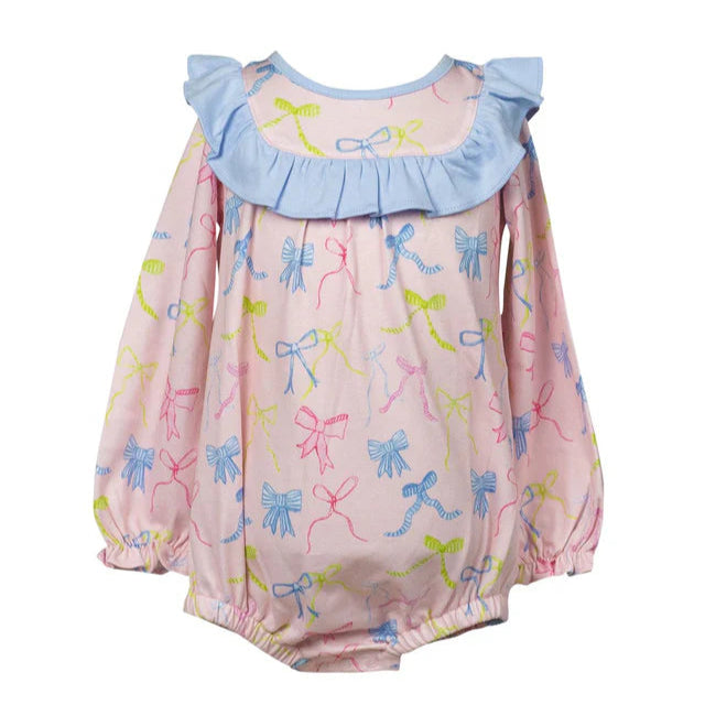 Pink baby romper with colorful bow pattern on a white background