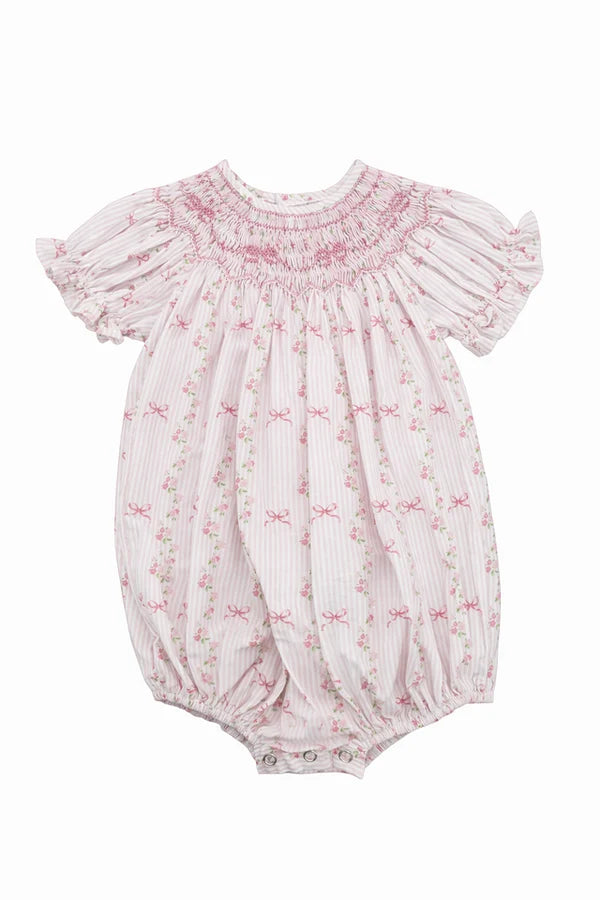 Britney Smocked Bubble - Pink Stripe Bow