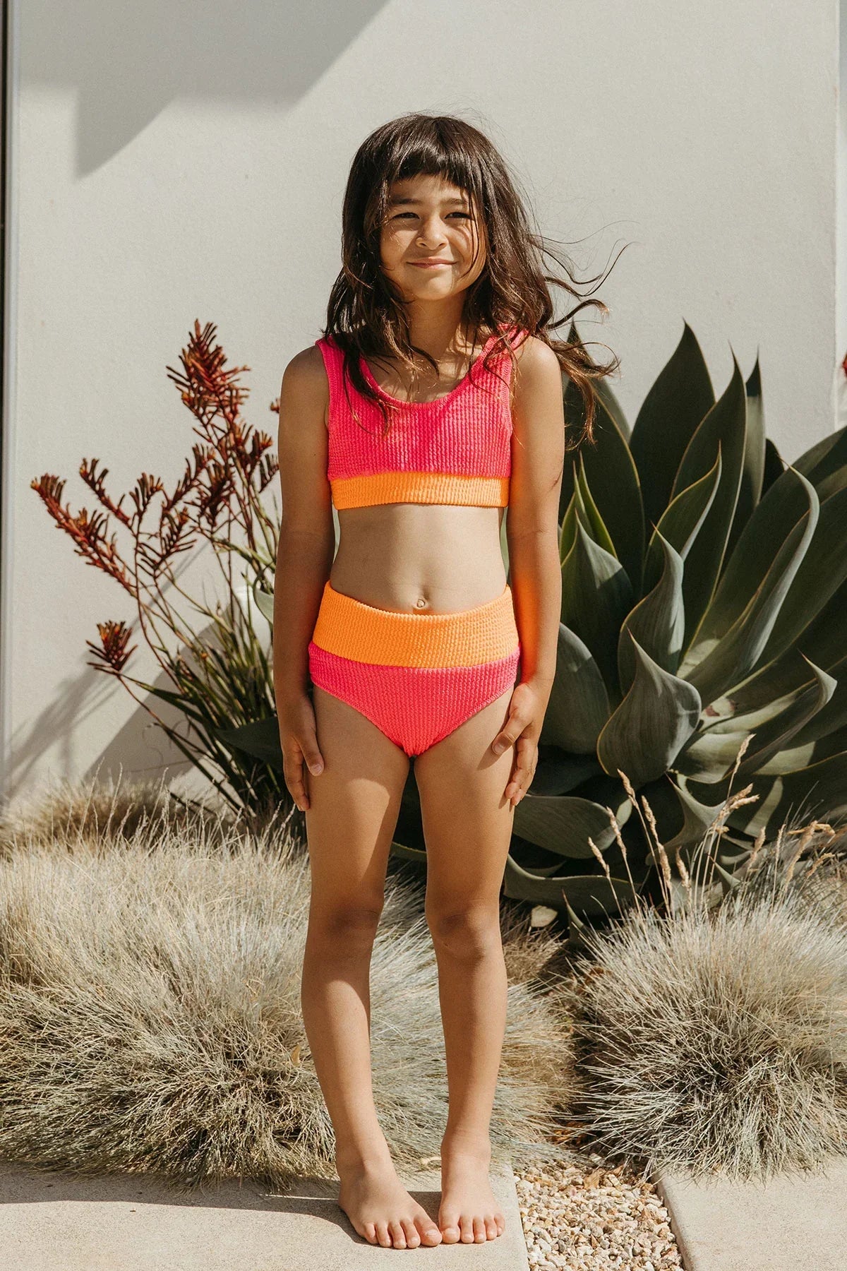 Crinkle Color Block Two Piece Swimsuit- Neon