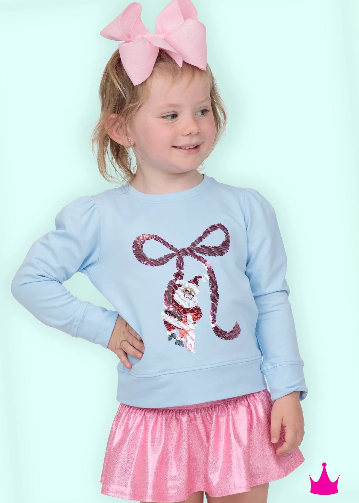 Sequin Santa Bow Light Blue Sweatshirt