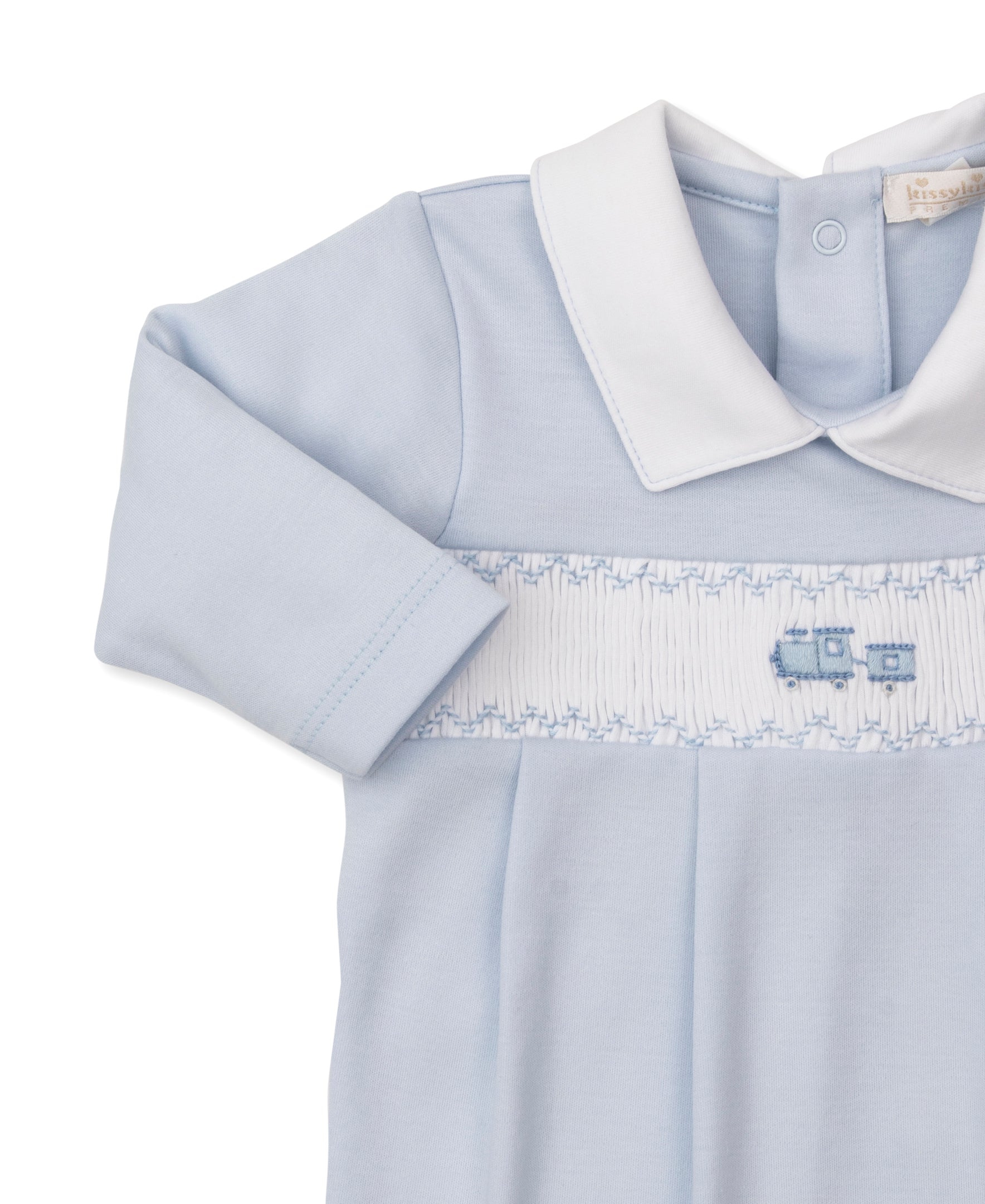 Light Blue Hand Smocked Train Footie