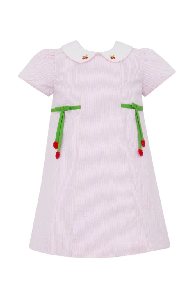 Pink Seersucker Stripe Dress- Cherries
