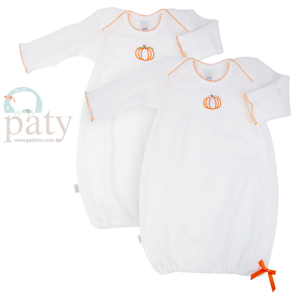 White Knit Gown w/ Pumpkin Embroidery