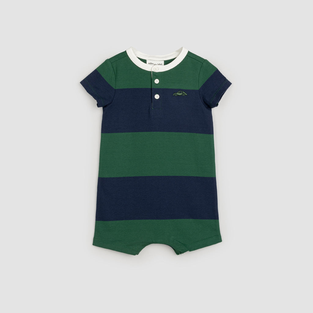 Rang kreativ Soaked Navy and Racing Green Striped Henley Romper | Swaddle OKC