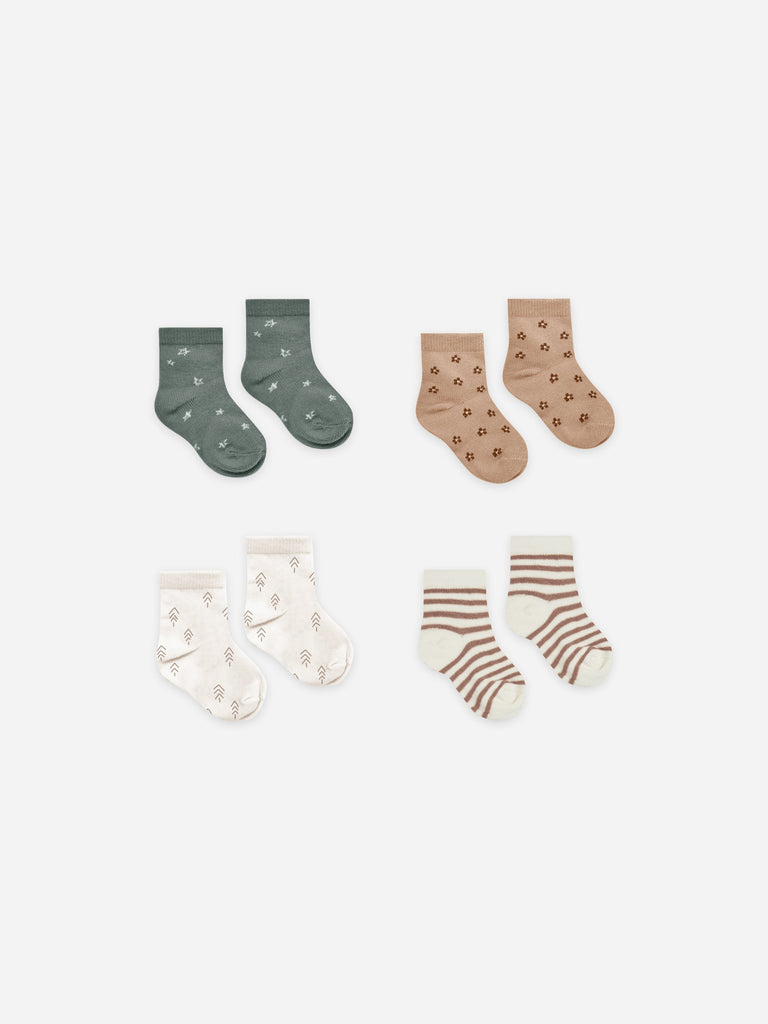 Printed Socks (4 Set) - Cocoa/Stripe/Stars/Trees/Ditsy