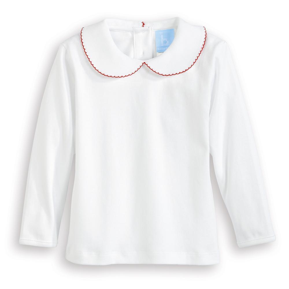 Long Sleeve Peter Pan Tee - White w/Red Trim
